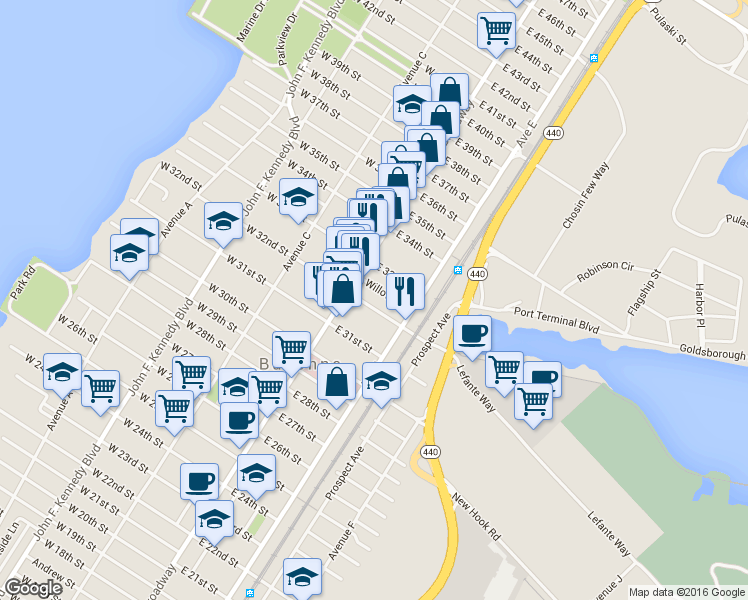 map of restaurants, bars, coffee shops, grocery stores, and more near 29 Willow Street in Bayonne