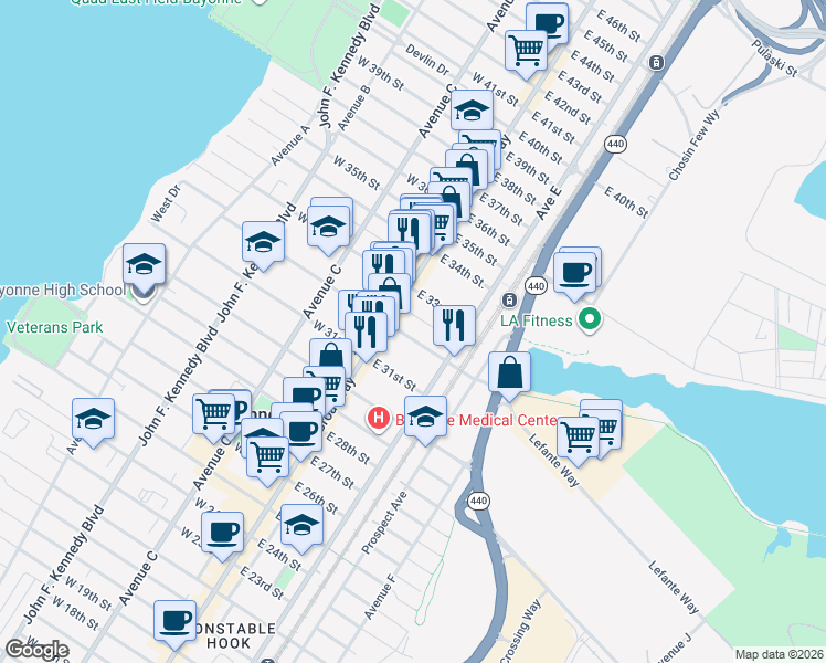 map of restaurants, bars, coffee shops, grocery stores, and more near 29 Willow Street in Bayonne