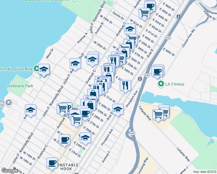 map of restaurants, bars, coffee shops, grocery stores, and more near 702 Broadway in Bayonne
