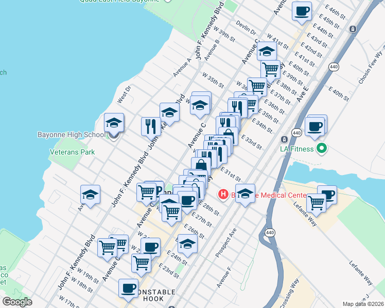 map of restaurants, bars, coffee shops, grocery stores, and more near 690 Avenue C in Bayonne