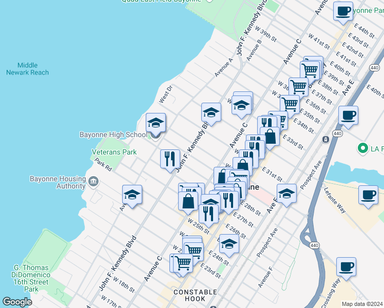 map of restaurants, bars, coffee shops, grocery stores, and more near 96 West 30th Street in Bayonne