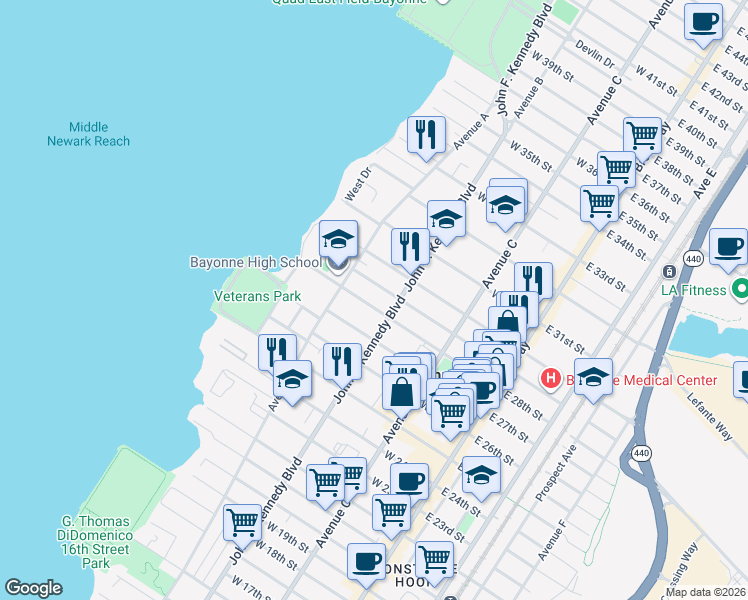 map of restaurants, bars, coffee shops, grocery stores, and more near 120 West 29th Street in Bayonne