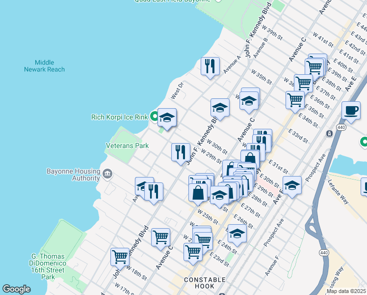 map of restaurants, bars, coffee shops, grocery stores, and more near 120 West 29th Street in Bayonne