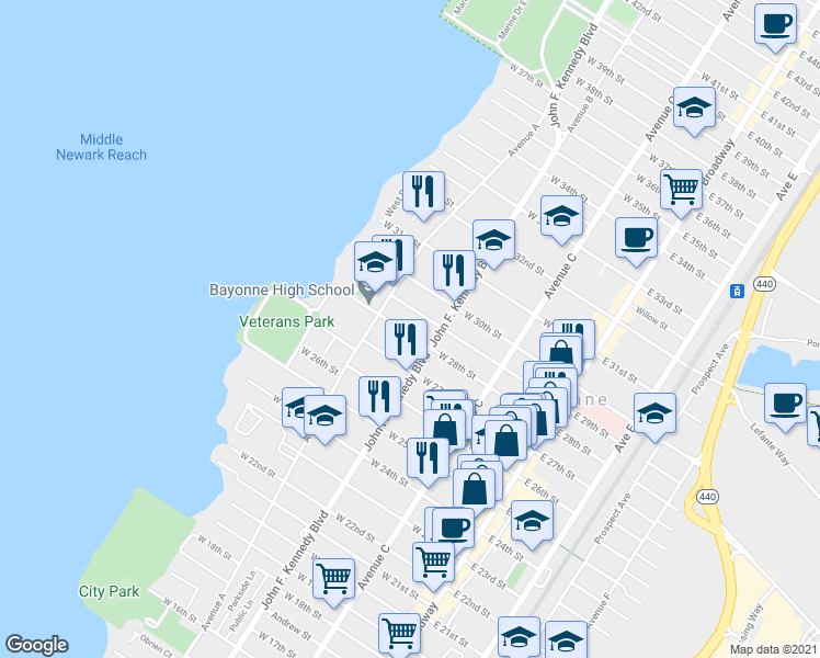 map of restaurants, bars, coffee shops, grocery stores, and more near 658 Avenue A in Bayonne