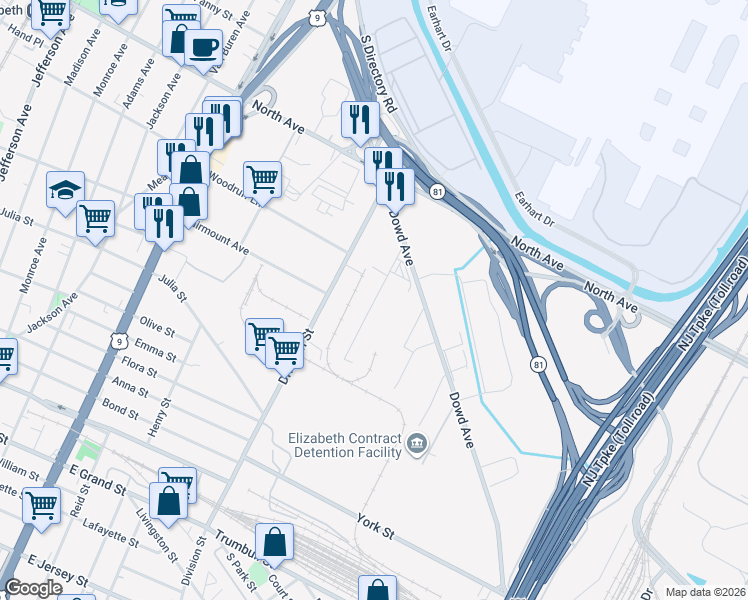 map of restaurants, bars, coffee shops, grocery stores, and more near 614 Progress Street in Elizabeth