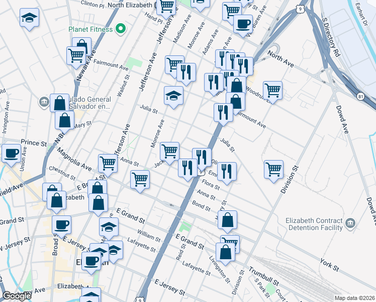 map of restaurants, bars, coffee shops, grocery stores, and more near 1035 Olive Street in Elizabeth