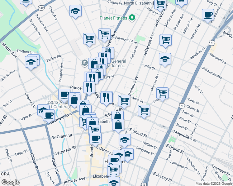map of restaurants, bars, coffee shops, grocery stores, and more near 1161 Anna Street in Elizabeth
