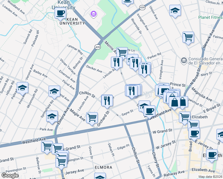 map of restaurants, bars, coffee shops, grocery stores, and more near 146 Stiles Street in Elizabeth