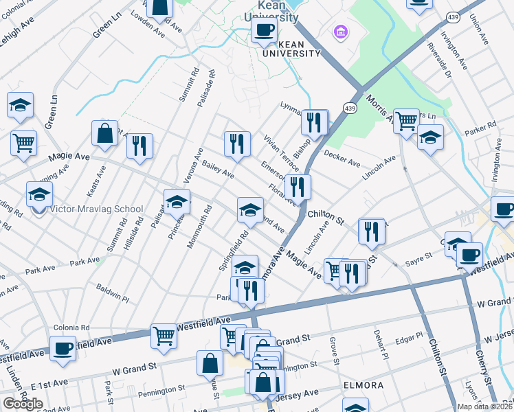 map of restaurants, bars, coffee shops, grocery stores, and more near 332 Springfield Road in Union