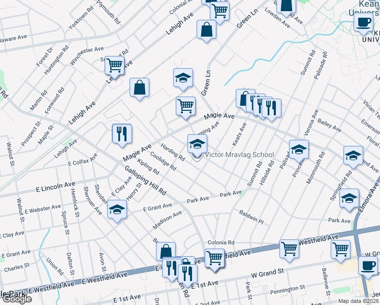 map of restaurants, bars, coffee shops, grocery stores, and more near 1050 Edgewood Road in Elizabeth