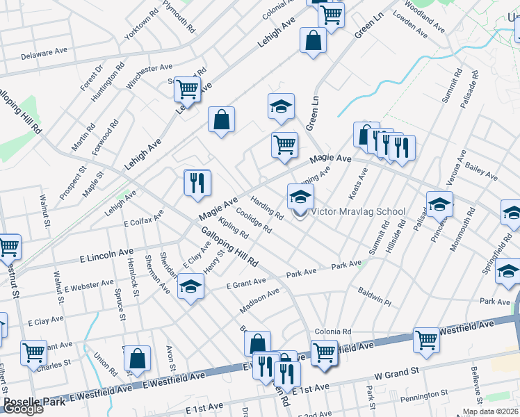 map of restaurants, bars, coffee shops, grocery stores, and more near 1127 Harding Road in Elizabeth