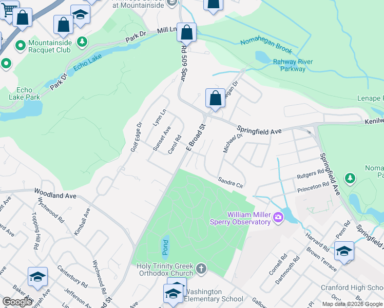 map of restaurants, bars, coffee shops, grocery stores, and more near 1411 East Broad Street in Westfield