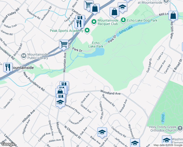 map of restaurants, bars, coffee shops, grocery stores, and more near 1130 Wychwood Road in Mountainside
