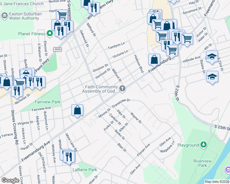 map of restaurants, bars, coffee shops, grocery stores, and more near 3019 Freemansburg Avenue in Easton