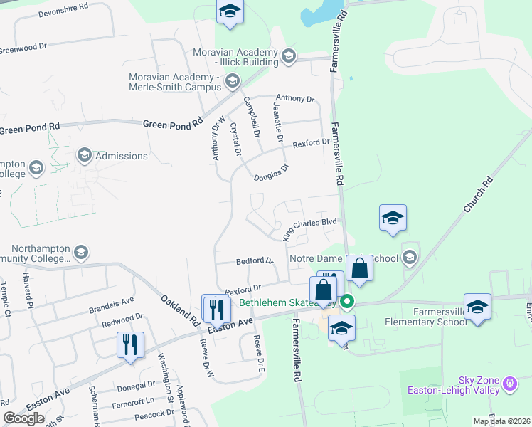 map of restaurants, bars, coffee shops, grocery stores, and more near 117 Commonwealth Drive in Bethlehem