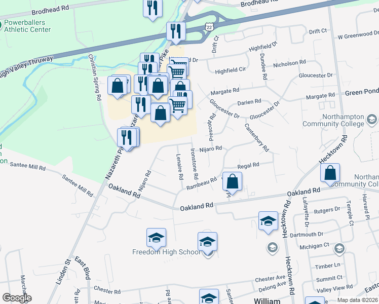 map of restaurants, bars, coffee shops, grocery stores, and more near 3702 Ironstone Road in Bethlehem