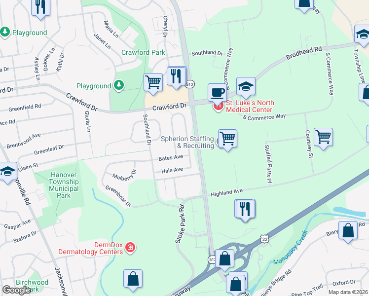 map of restaurants, bars, coffee shops, grocery stores, and more near 3861 Post Drive in Bethlehem