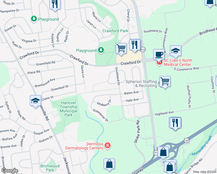 map of restaurants, bars, coffee shops, grocery stores, and more near 5513 Jaclyn Lane in Bethlehem