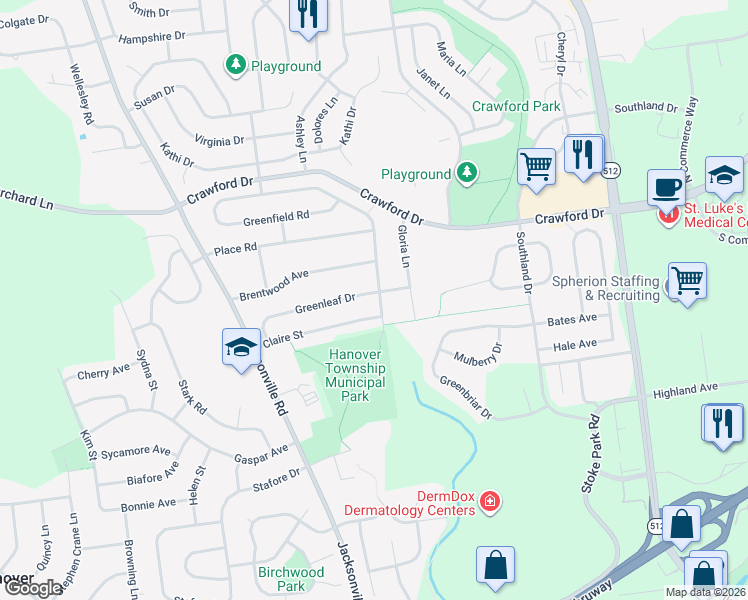 map of restaurants, bars, coffee shops, grocery stores, and more near 987 Greenleaf Drive in Bethlehem