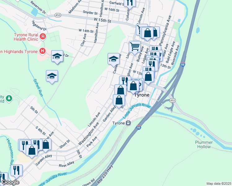 map of restaurants, bars, coffee shops, grocery stores, and more near 958 Washington Avenue in Tyrone