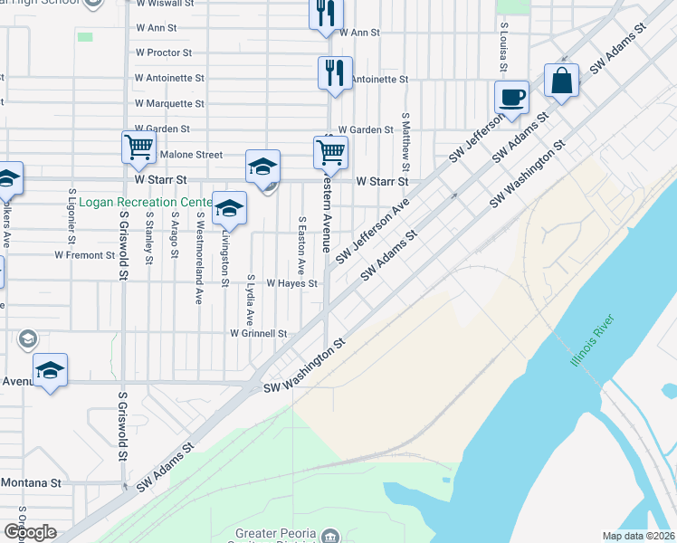 map of restaurants, bars, coffee shops, grocery stores, and more near 3212 Southwest Jefferson Avenue in Peoria
