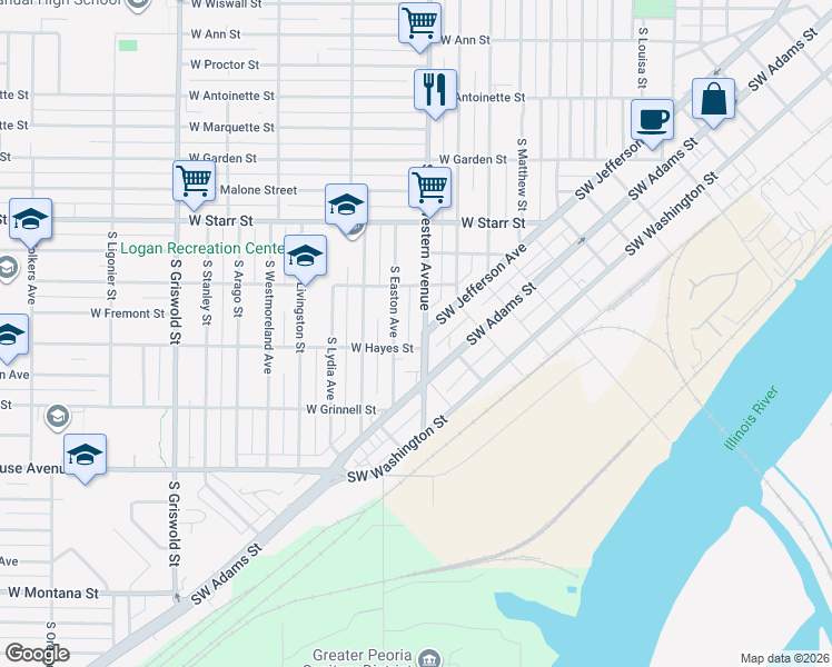 map of restaurants, bars, coffee shops, grocery stores, and more near 1527 South Western Avenue in Peoria