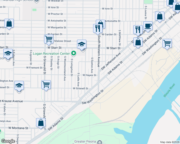 map of restaurants, bars, coffee shops, grocery stores, and more near 1599 South Faraday Avenue in Peoria