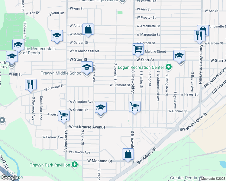 map of restaurants, bars, coffee shops, grocery stores, and more near 1519-1599 South Ligonier Street in Peoria