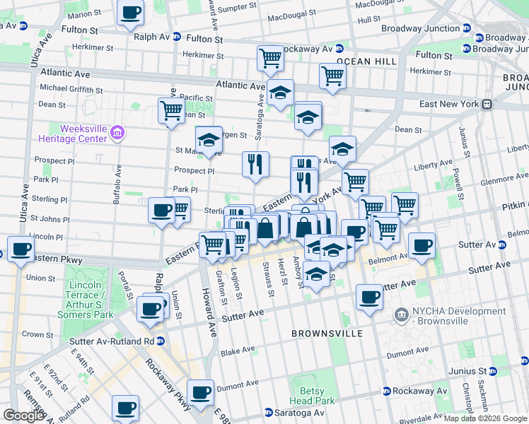 map of restaurants, bars, coffee shops, grocery stores, and more near 1566 Eastern Parkway in Brooklyn