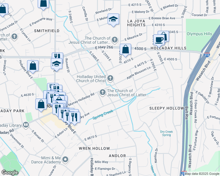 map of restaurants, bars, coffee shops, grocery stores, and more near 2632 East Murray Holladay Road in Holladay