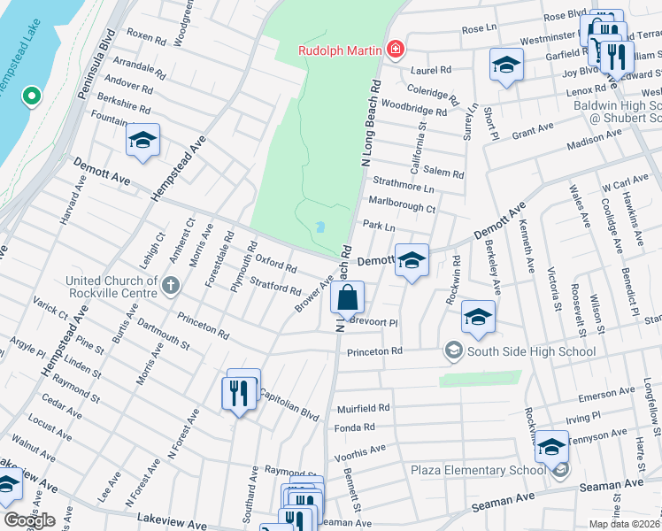 map of restaurants, bars, coffee shops, grocery stores, and more near 314 Demott Avenue in Rockville Centre