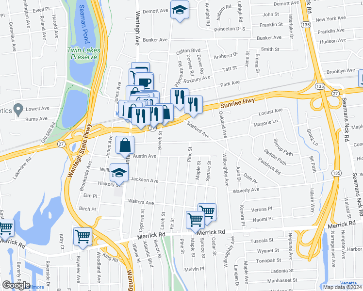map of restaurants, bars, coffee shops, grocery stores, and more near 3350 Woodward Avenue in Wantagh
