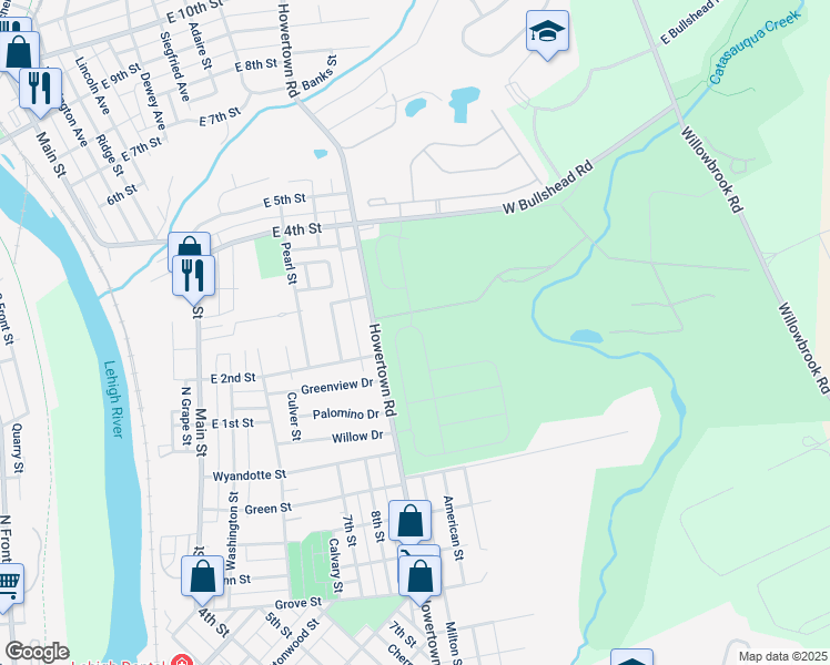 map of restaurants, bars, coffee shops, grocery stores, and more near 1341 Woodmont Lane in Catasauqua