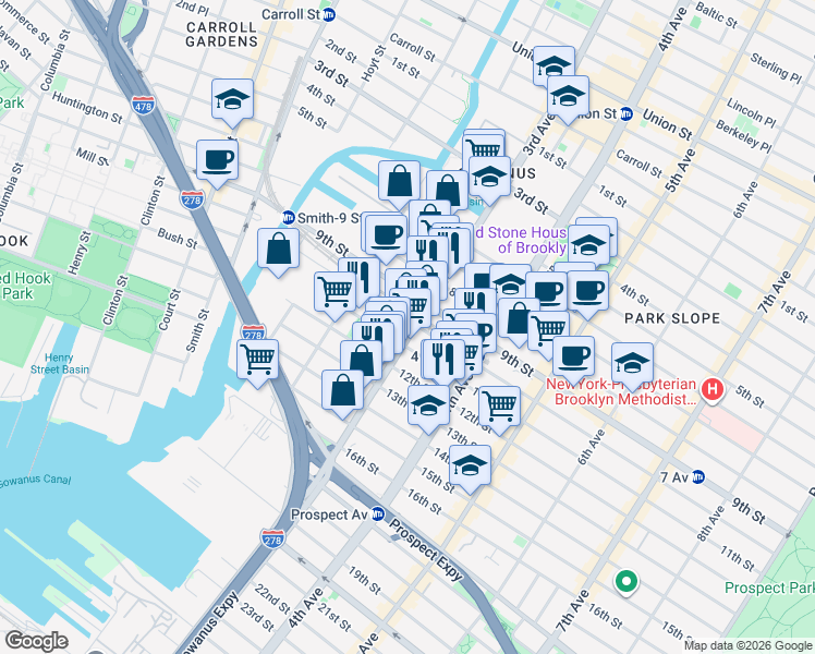 map of restaurants, bars, coffee shops, grocery stores, and more near 480 3rd Avenue in Brooklyn