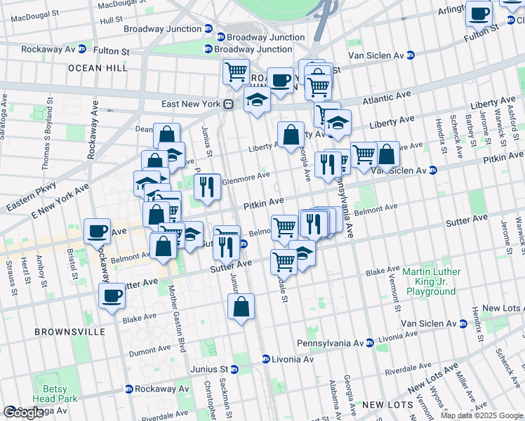 map of restaurants, bars, coffee shops, grocery stores, and more near 1946 Pitkin Avenue in Brooklyn