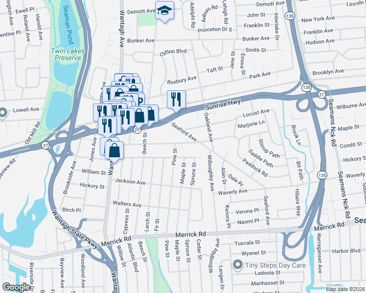 map of restaurants, bars, coffee shops, grocery stores, and more near 3396 Woodward Avenue in Wantagh