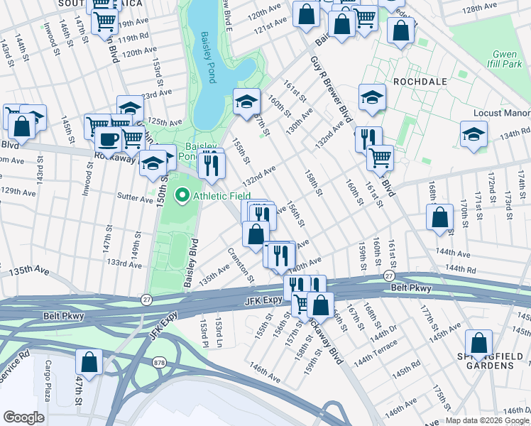 map of restaurants, bars, coffee shops, grocery stores, and more near 154-09 134th Avenue in Queens