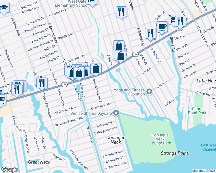 map of restaurants, bars, coffee shops, grocery stores, and more near 36 Venetian Promenade in Lindenhurst