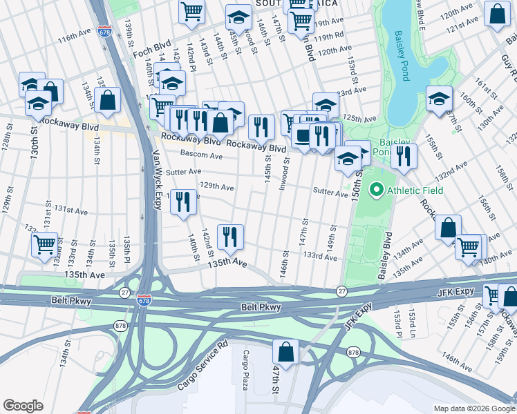 map of restaurants, bars, coffee shops, grocery stores, and more near 129-23 145th Street in Queens
