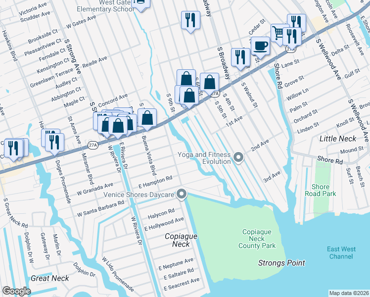 map of restaurants, bars, coffee shops, grocery stores, and more near 4 East Clearwater Road in Lindenhurst