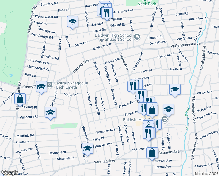 map of restaurants, bars, coffee shops, grocery stores, and more near 1568 Coolidge Avenue in Baldwin