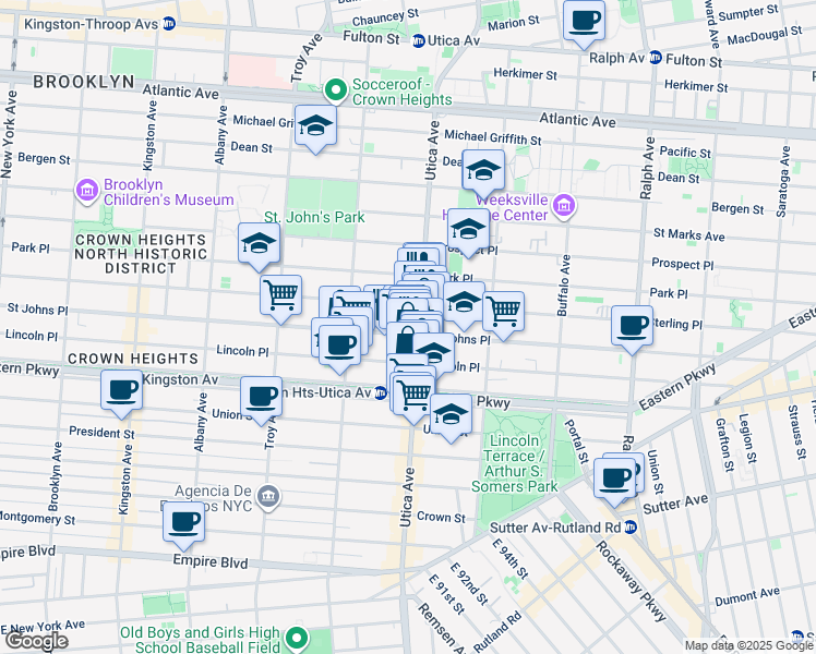 map of restaurants, bars, coffee shops, grocery stores, and more near 1399 Saint Johns Place in Brooklyn