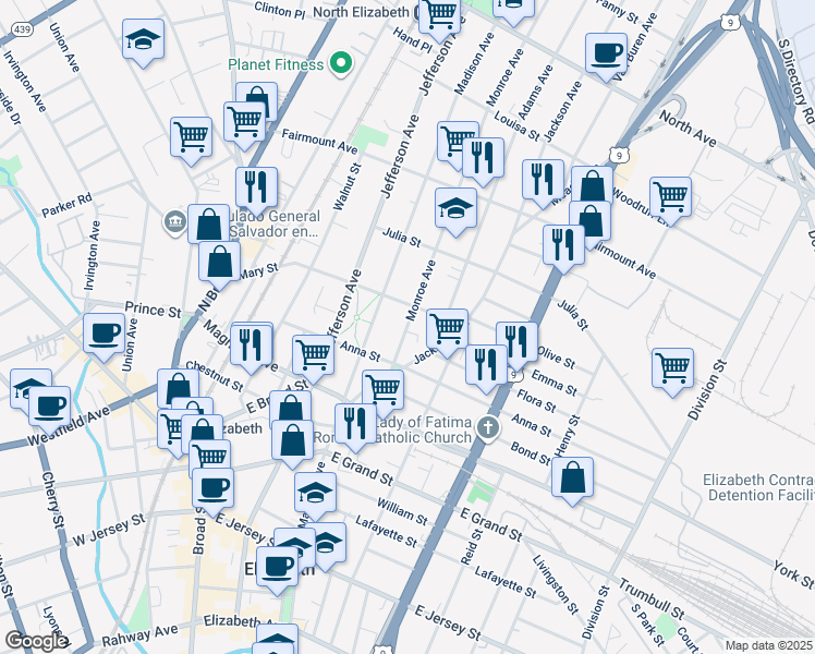 map of restaurants, bars, coffee shops, grocery stores, and more near 475 Monroe Avenue in Elizabeth