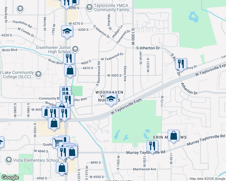 map of restaurants, bars, coffee shops, grocery stores, and more near 4571 Thornwood Avenue in Taylorsville