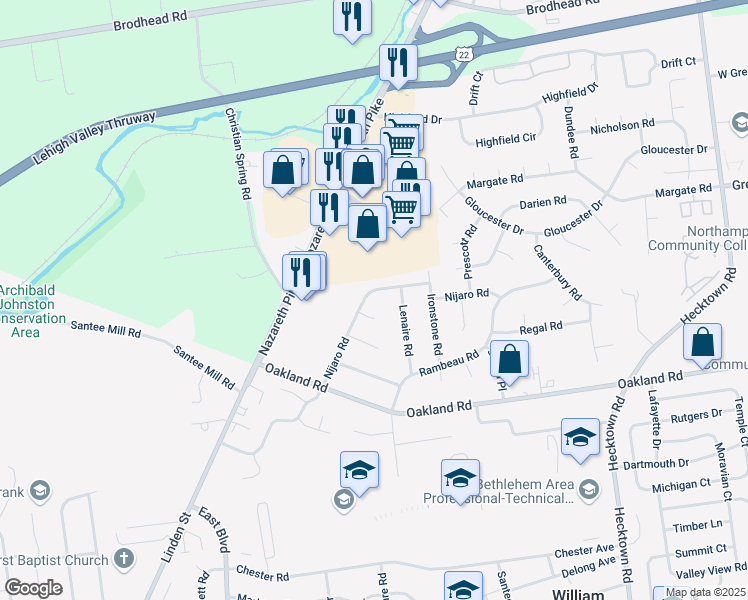 map of restaurants, bars, coffee shops, grocery stores, and more near 2922 Nijaro Rd in Bethlehem
