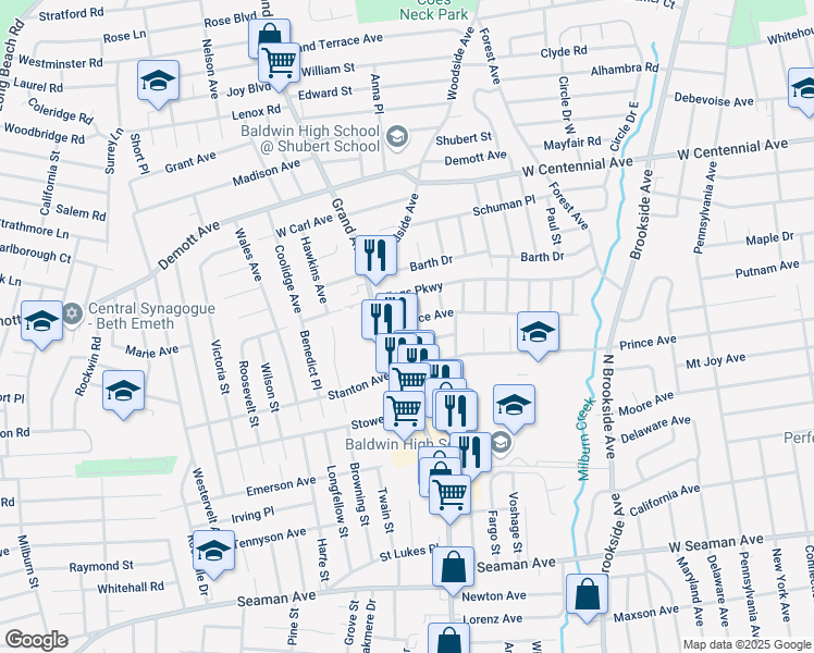 map of restaurants, bars, coffee shops, grocery stores, and more near 810 Wallace Avenue in Baldwin