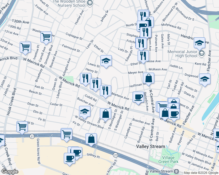 map of restaurants, bars, coffee shops, grocery stores, and more near 58 Marlow Road in Valley Stream