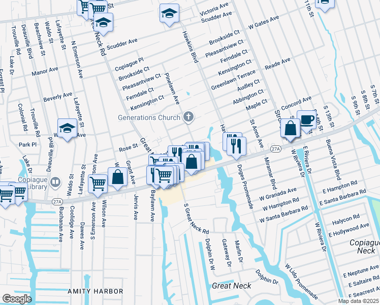 map of restaurants, bars, coffee shops, grocery stores, and more near 131 Cedar Court in Copiague