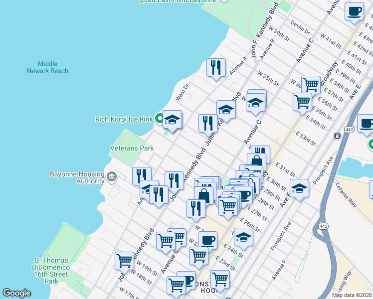 map of restaurants, bars, coffee shops, grocery stores, and more near 658 Avenue A in Bayonne