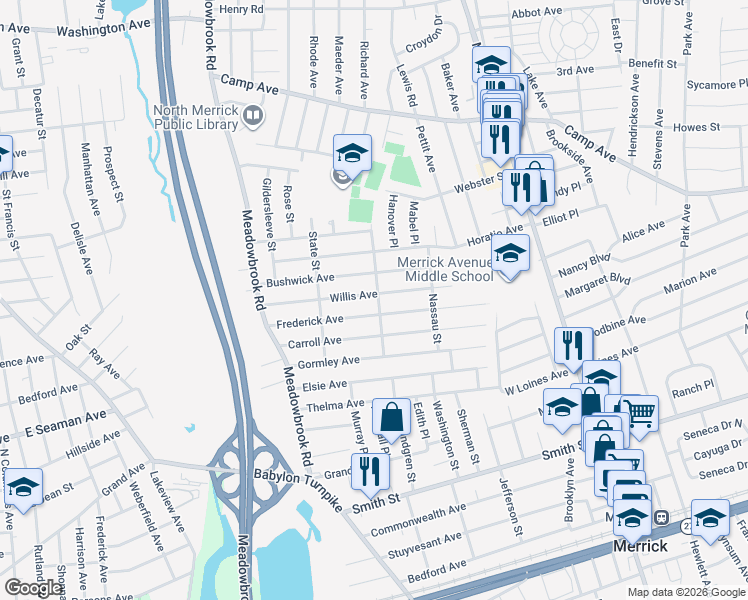 map of restaurants, bars, coffee shops, grocery stores, and more near 1818 Willis Avenue in Merrick